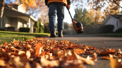 Gardener is using a leaf blower to clean up fallen leaves on a quiet, suburban street in autumn