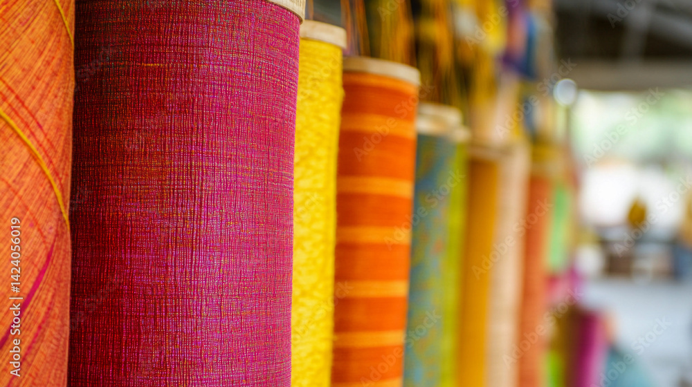 Poster vibrant textile rolls showcase colorful fabrics in close-up view generative ai