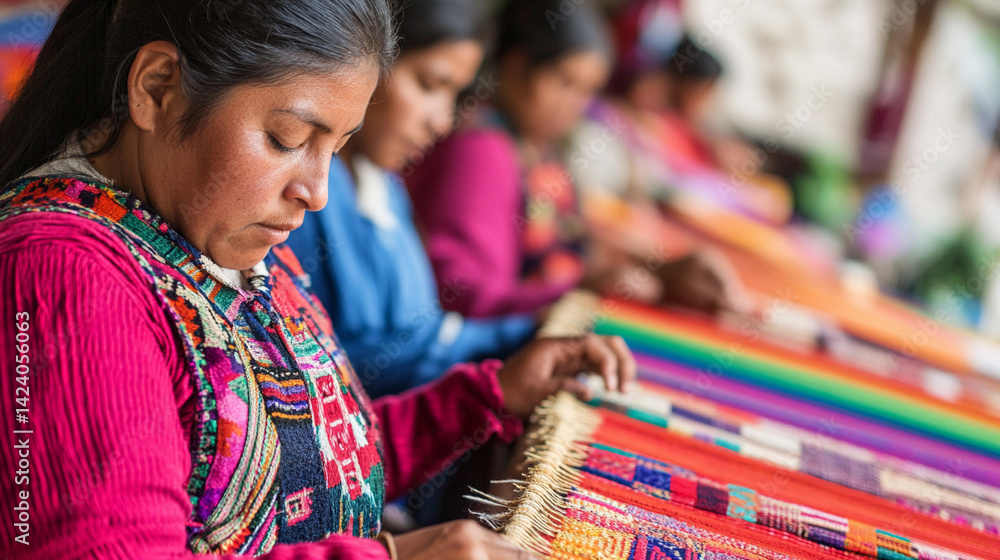 Poster women creating vibrant textiles in traditional workshop generative ai