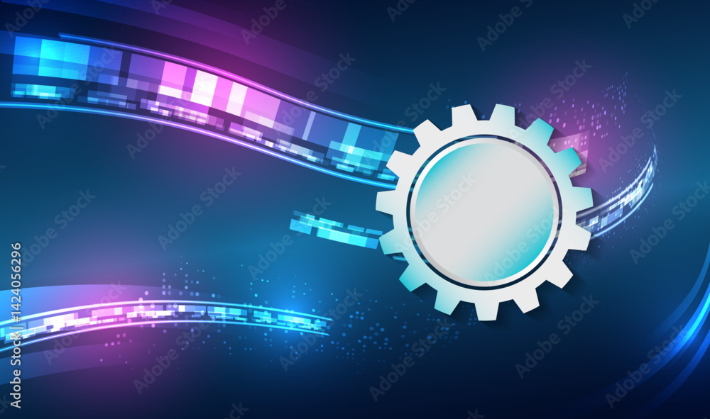 Aufkleber Bright wavy lines with a pixel effect in blue and purple tones create a dynamic and futuristic image. Elements of a digital interface. Modern abstract tech background with a central gear.