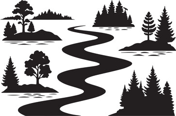 Set of 6 silhouette icons related to river into forest or jungle, hill and more. Flat black color icon collection. Editable filled design art. Vector illustration.