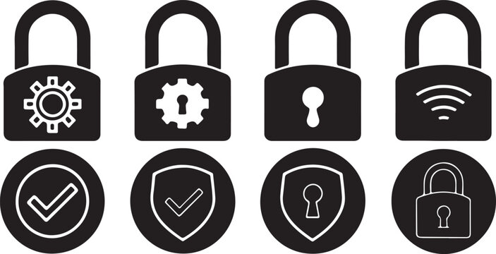 Set of 6 silhouette icons related to smart and digital technology locker and protection. Flat black color icon collection. Editable filled design art. Vector illustration.