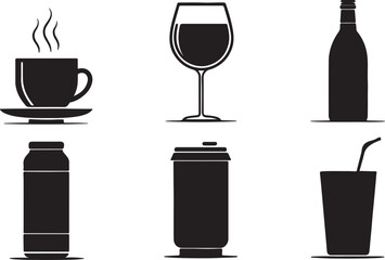 Set of 6 silhouette icons related to soft drinks thin. Flat black color icon collection. Editable filled design art. Vector illustration.