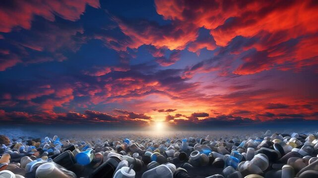 Massive pile of discarded plastic bottles covering landscape, dramatic red sunset sky highlighting environmental crisis. Dramatic sky over endless plastic waste field.
