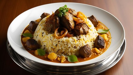 A plate of biryani with meat and vegetables on a silver serving tray