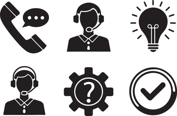 Set of 6 silhouette icons related to technical support, help center, cutomer care and some elements. Flat black color icon collection. Editable filled design art. Vector illustration.