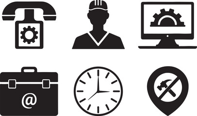 Set of 6 silhouette icons related to variant type of service. Flat black color icon collection. Editable filled design art. Vector illustration.