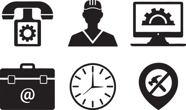 Set of 6 silhouette icons related to variant type of service. Flat black color icon collection. Editable filled design art. Vector illustration.