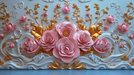 Elegant Pink Rose & Gold Leaf 3D Wall Panel Detail