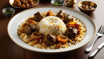 Close up of biryani dish with meat and rice on a white plate food shot