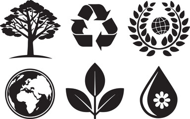 Set of 6 silhouette icons related to world nature and environment. Flat black color icon collection. Editable filled design art. Vector illustration.
