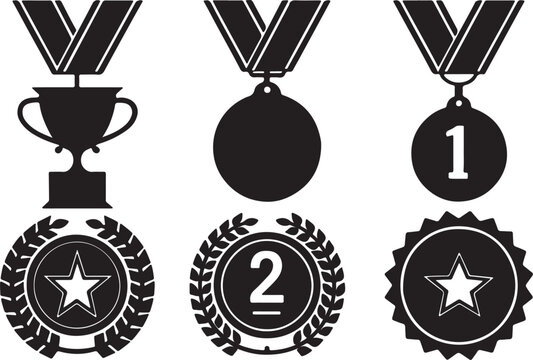 Set of 6 silhouette icons related to winner madel. Flat black color icon collection. Editable filled design art. Vector illustration.