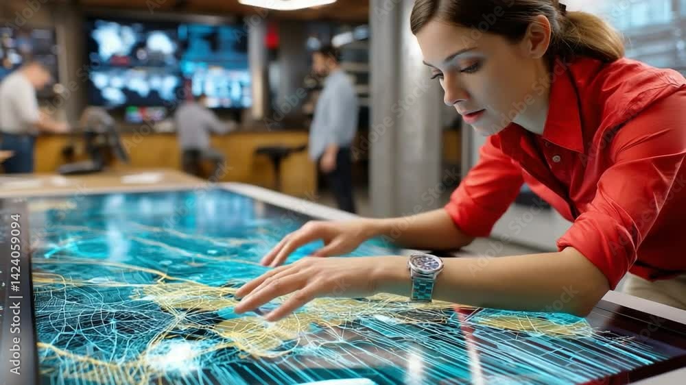 Poster smart technology interface: a focused professional interacts with a large, interactive technological