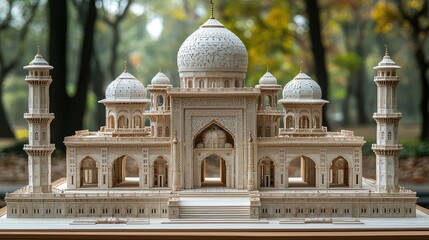 Obraz premium Detailed wooden model of the Taj Mahal, showcasing intricate architectural design.