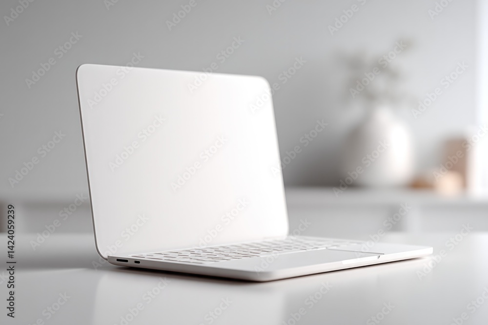 Poster capture minimalistic workspace with laptop on plain desk offering ample copy space for text