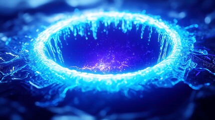 Fototapeta premium Quantum Blue Portal, a vibrant circuit motherboard with glowing wires, set in a microscopic sci-fi landscape where radiant electrons resemble luminous creatures, evoking a sense of wonder.