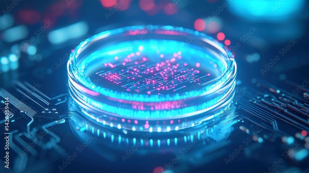 Poster quantum blue portal in sci-fi circuitry, a luminous gateway on a motherboard surrounded by glowing w