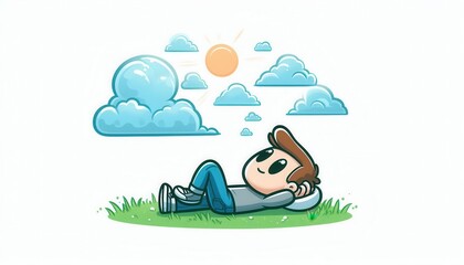 Relaxing cartoon character enjoys sunny day nature background digital art whimsical scene