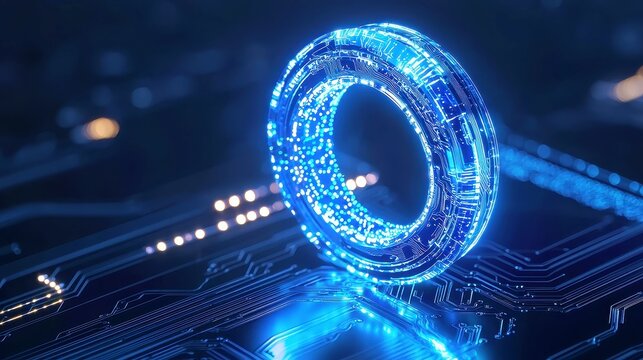 Quantum Blue Portal, a luminous gateway on a circuit motherboard, glowing wires intertwine, depicting the rise of self-aware artificial intelligence in a digital landscape.