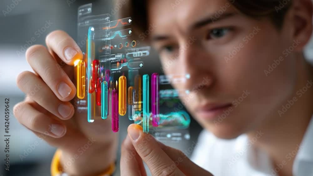 Poster tech's analyst: a youthful analyst intently scrutinizes a transparent, vibrant data representation, 