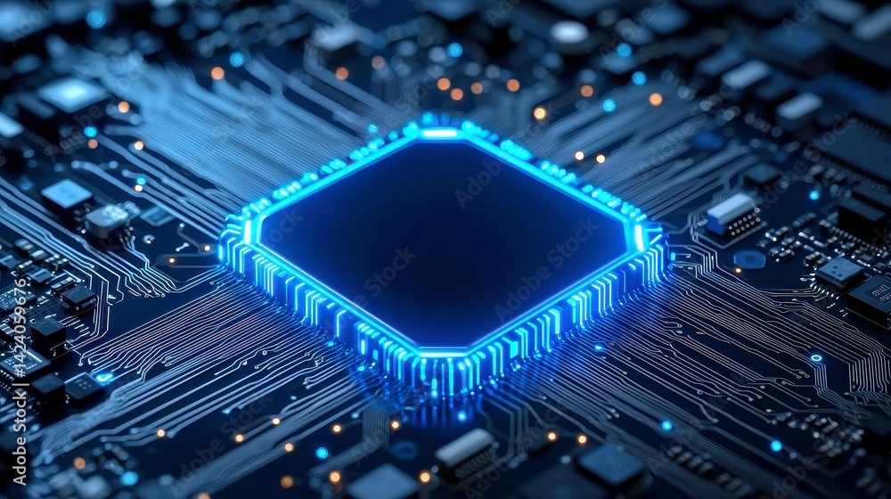 Aufkleber quantum blue portal on circuit motherboard, glowing wires pulsing in sync with a massive quantum ser