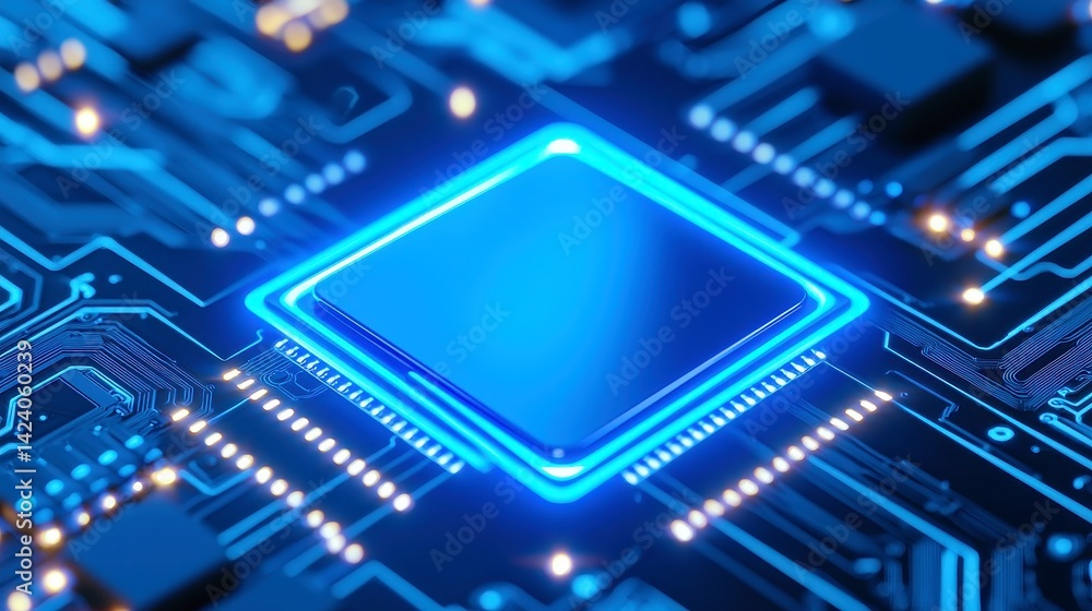 Poster quantum blue portal, an abstract digital rendering of a glowing circuit motherboard, features sleek 