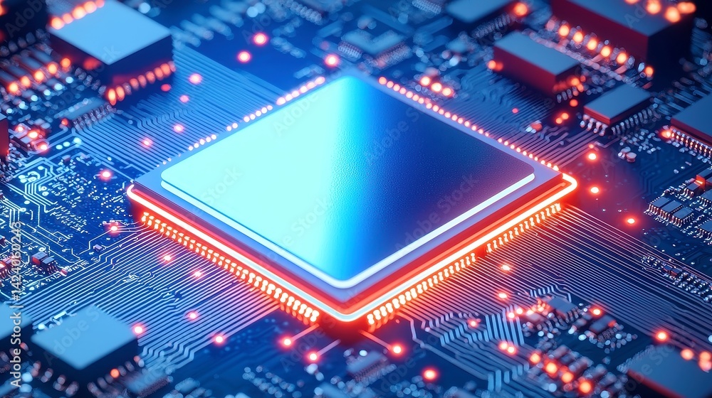 Poster quantum blue portal, an abstract digital representation featuring a glowing circuit motherboard with