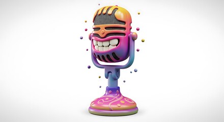 Cartoon Microphone Character with Grinning Face and Colorful Design