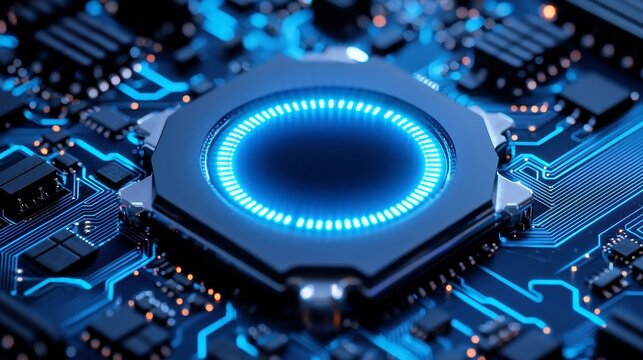 Quantum Blue Portal, a luminous gateway on a circuit motherboard, intricate glowing wires intertwining, leading into a parallel dataverse beyond physical laws, vibrant and otherworldly.