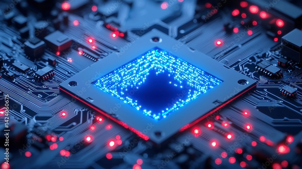 Poster quantum blue portal, a futuristic circuit motherboard illuminated by glowing wires, forming a tempor