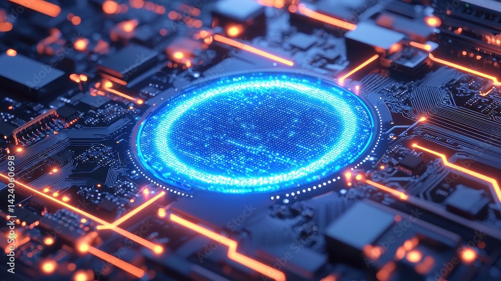 Poster quantum blue portal, a glowing circuit motherboard with thin wires creating a temporal bridge for se