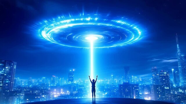 Silhouetted figure stands before massive glowing blue UFO hovering over illuminated urban skyline at night. Beam of light connects spacecraft to ground. Dramatic sci-fi scene with raised arms