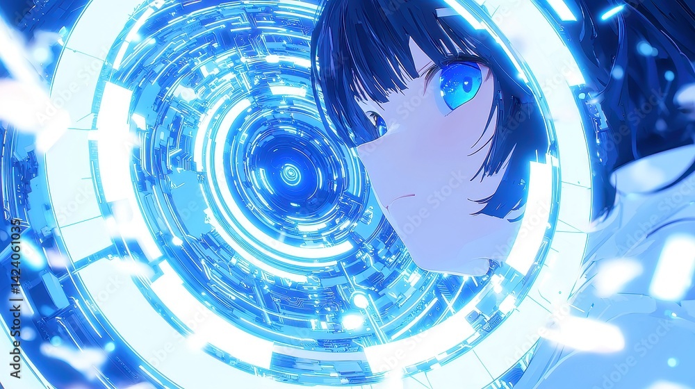 Aufkleber quantum blue portal, a luminous technology gateway on a circuit motherboard, encircled by dynamic ge