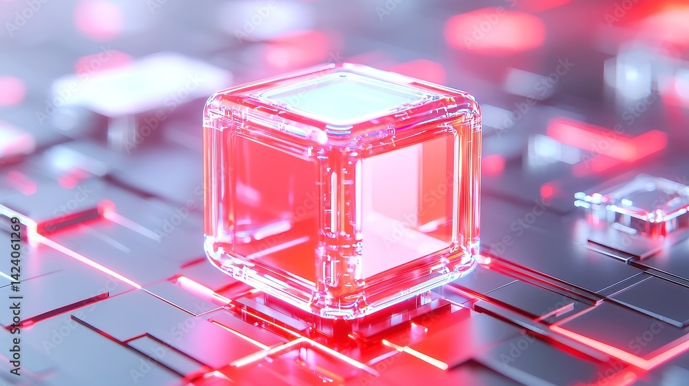 Poster futuristic ai ethics framework, dynamic 3d cube morphing with surfaces displaying trust, fairness, c