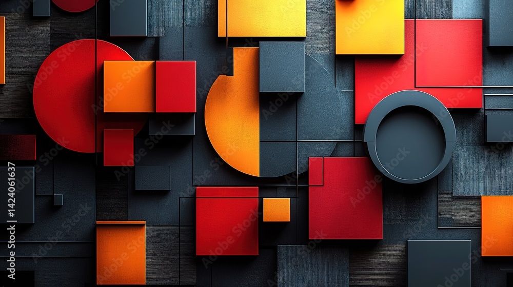 Poster abstract geometric shapes in vibrant colors, arranged on a dark background. a mix of squares, circle