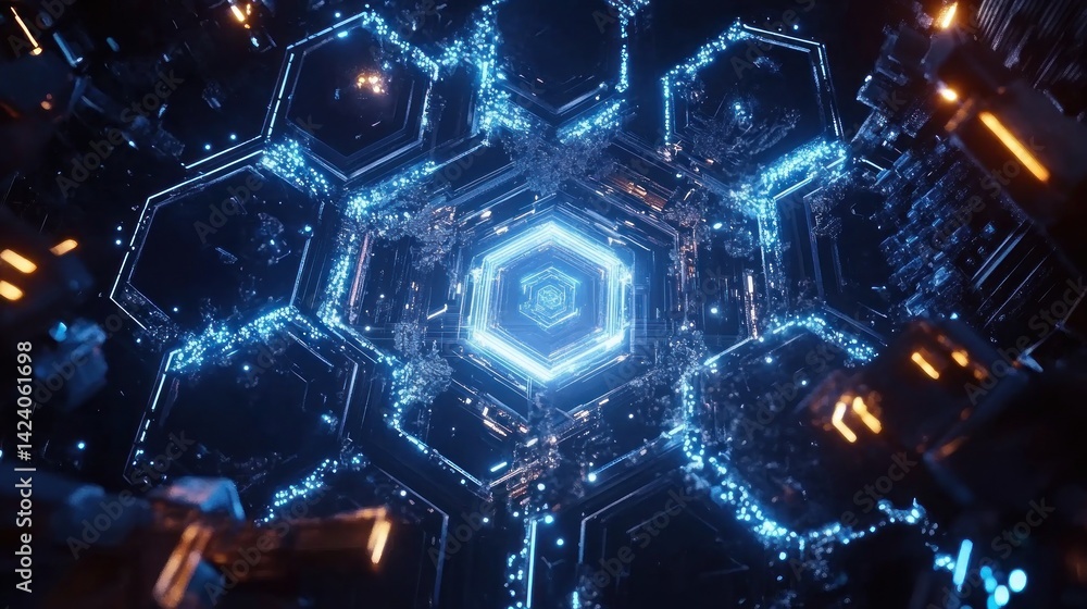 Poster intricate, glowing hexagonal structure within a futuristic tunnel.