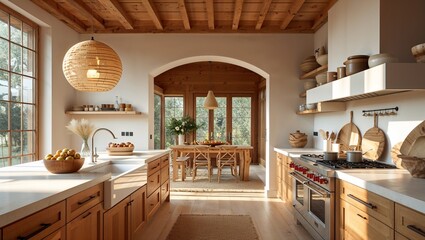 This kitchen welcomes light warmth and natural materials