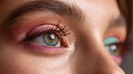 Obraz premium Close-up view highlights stunning eye makeup with rich hues of pink, gold, and teal, reflecting the creativity and artistry of contemporary beauty trends in a dynamic setting