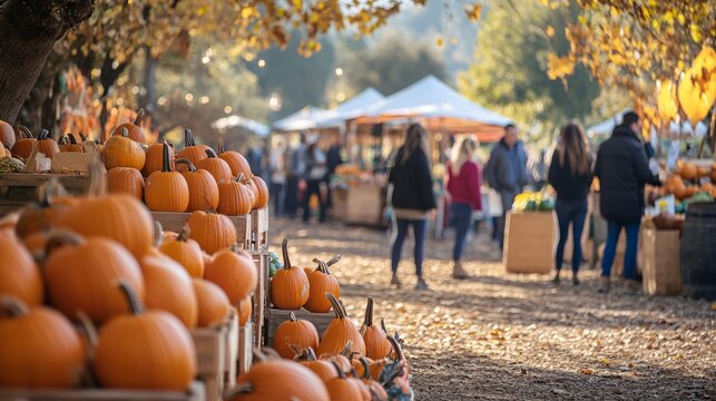 Shoppers enjoying an autumn harvest festival at a farmers market with pumpkins in the foreground