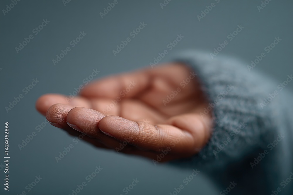 Poster close-up of gentle hand extending towards another in comforting gesture against clean soft-focused b