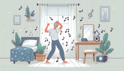 Dancing in harmony cozy bedroom digital art relaxed atmosphere creative view joyful concept