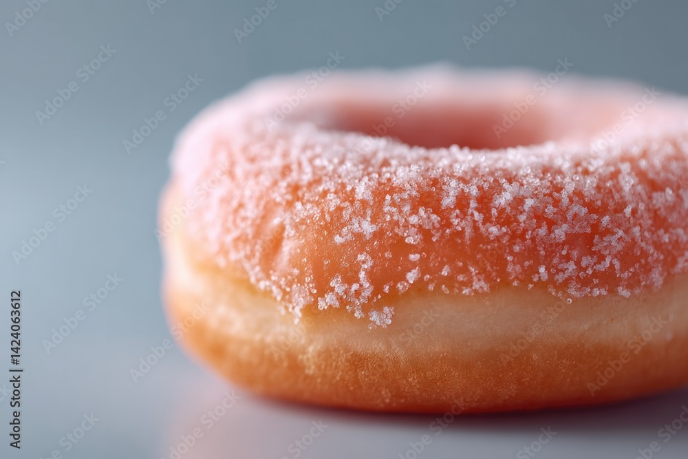 Poster close-up of single glazed donut on light background with ample copy space