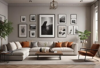 Stylish living room with eclectic framed gallery wall  Modern home interior design ,  minimal,  apartment,  art