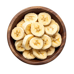 Sliced bananas in bowl overhead closeup fresh ripe yellow fruit