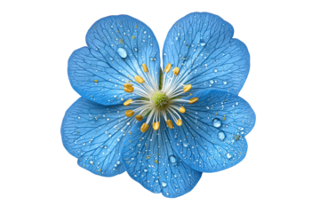 Beautiful blue flower with delicate petals and droplets of water on a white isolated background.