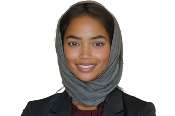 Confident woman wearing a professional outfit and a stylish scarf, smiling, isolated on a white background.