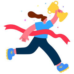 woman holding a trophy running to the finish line with a ribbon, symbolizing achievement and reaching goals flat vector illustration