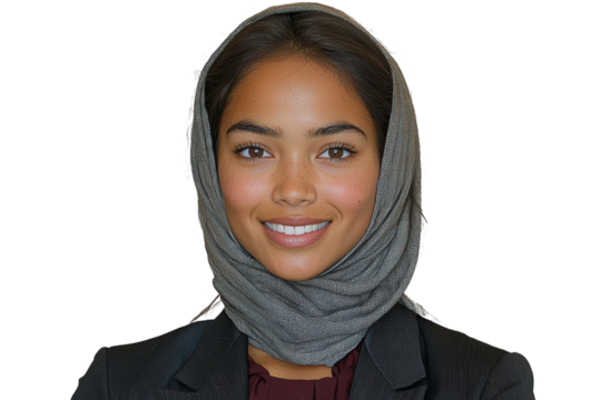 Confident woman wearing a professional outfit and a stylish scarf, smiling, isolated on a white background. - Powered by Adobe