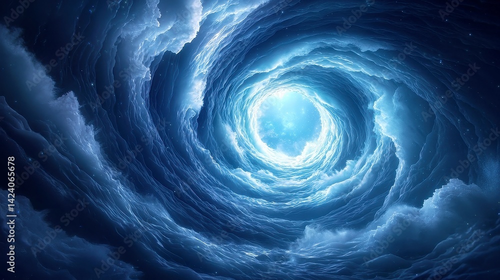 Poster futuristic celestial landscape featuring a vast blue backdrop with swirling cosmic patterns and a ti