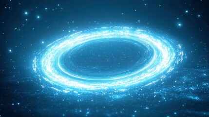 Futuristic Celestial Landscape, vast blue expanse with swirling cosmic patterns, twin stars encircled by loops of gravity, a mesmerizing vision of the universe's wonders.